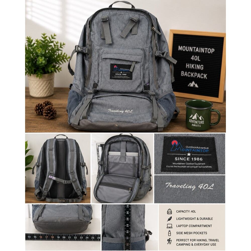Mountaintop 40L Hiking Backpack Gray Travel Camping Daypack Laptop Carry On